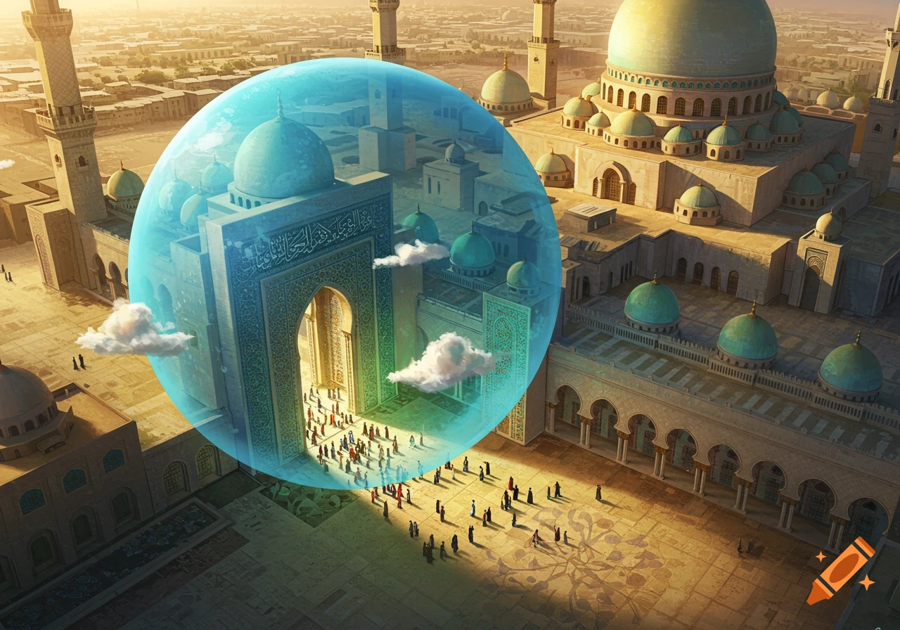 A birds-eye view of a grand mosque with a large blue energy bubble encompassing a central building, where people gather and walk through an archway into the light. Other mosque buildings and courtyards are visible under a warm, clear sky.