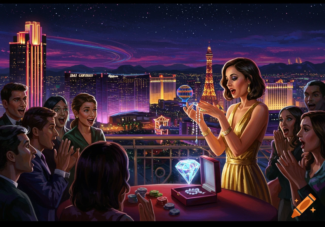 An exciting unveiling event on a rooftop overlooking the illuminated Las Vegas strip at night, with a woman holding a sparkling necklace and a glowing diamond on a table, surrounded by an astonished crowd.