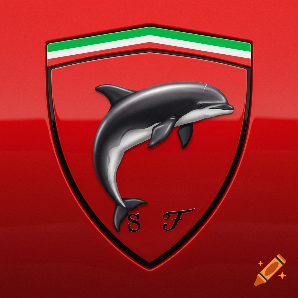 A red shield logo with a black and white dolphin and 'S F' at the bottom, with Italian flag stripes at the top.