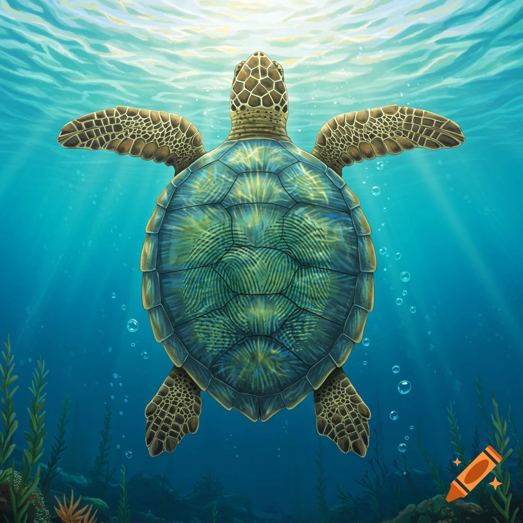 A stylized drawing of a sea turtle swimming upwards in blue ocean water, with its shell patterned like fingerprints. Sun rays filter from above.