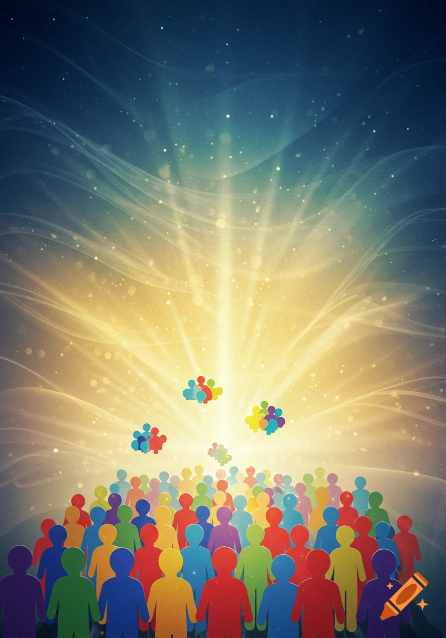 Colorful stylized figures representing people in groups and cohorts rising towards a golden light.