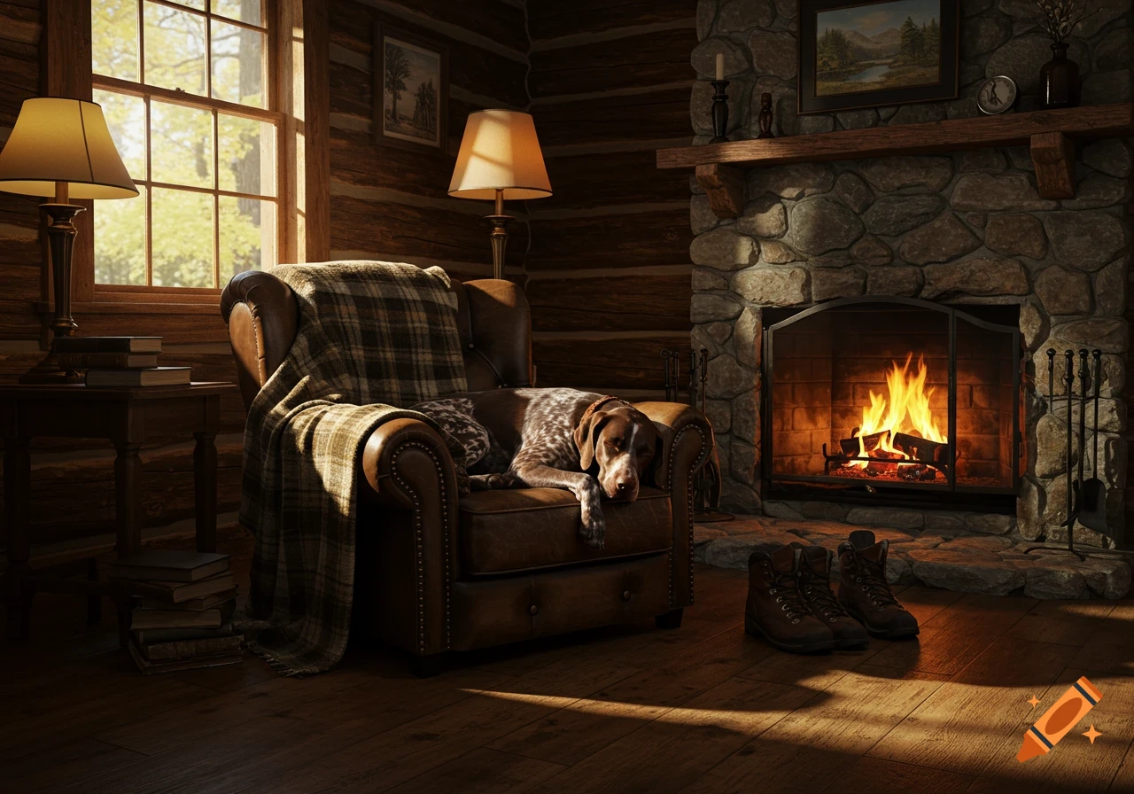 A photorealistic German Shorthaired Pointer sleeps on a leather armchair in a cozy log cabin by a roaring fireplace.