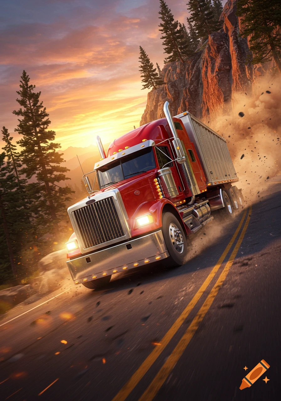 A photorealistic image of a red semi-truck speeding down a dusty mountain road at sunset.