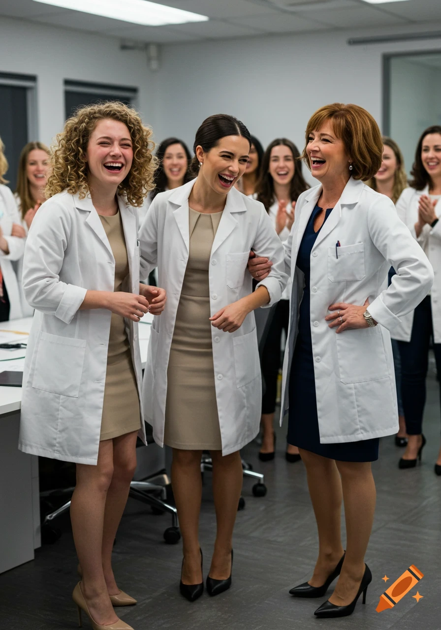 Three laughing women in white lab coats stand in a modern office, with a cheering crowd blurred in the background. Photorealistic.