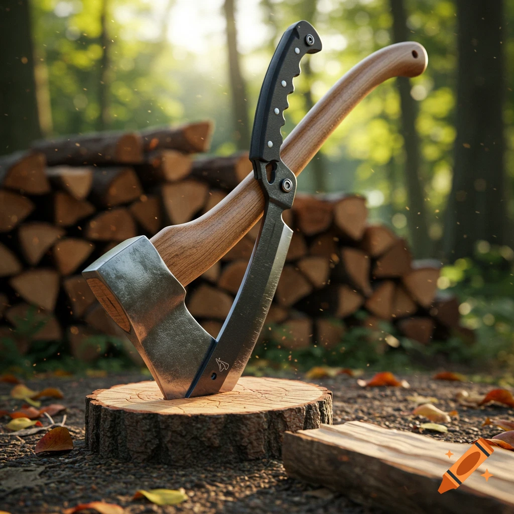 A unique axe with a hinged machete blade stuck in a log, with stacked firewood in a sunny forest.