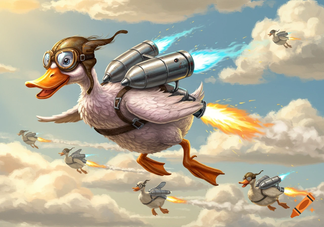 A cartoon duck with aviator goggles and a jetpack flies through a cloudy sky, racing other ducks also equipped with jetpacks.