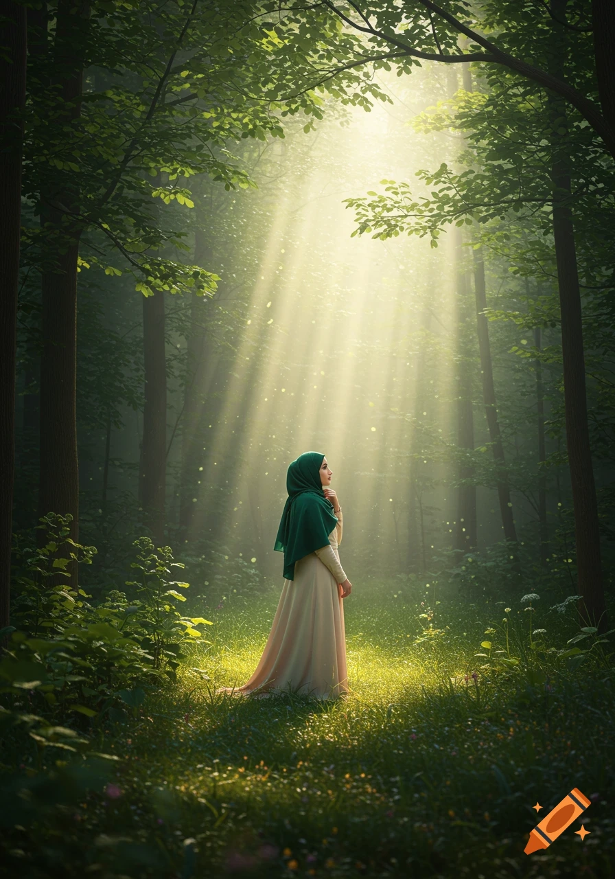 A Muslim woman in a green hijab and light dress stands in a forest, looking up at sun rays filtering through the trees.
