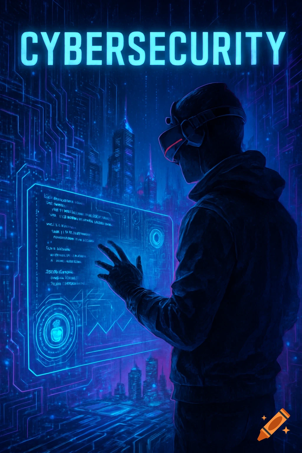 A person in a VR headset interacts with a glowing holographic screen displaying code, with a futuristic city in the background. The word 'CYBERSECURITY' glows at the top.