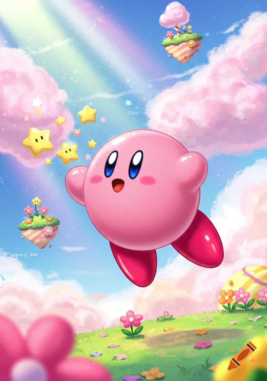 Pink Kirby floats happily in a colorful sky surrounded by stars and pink clouds, with floating islands and a grassy landscape below.