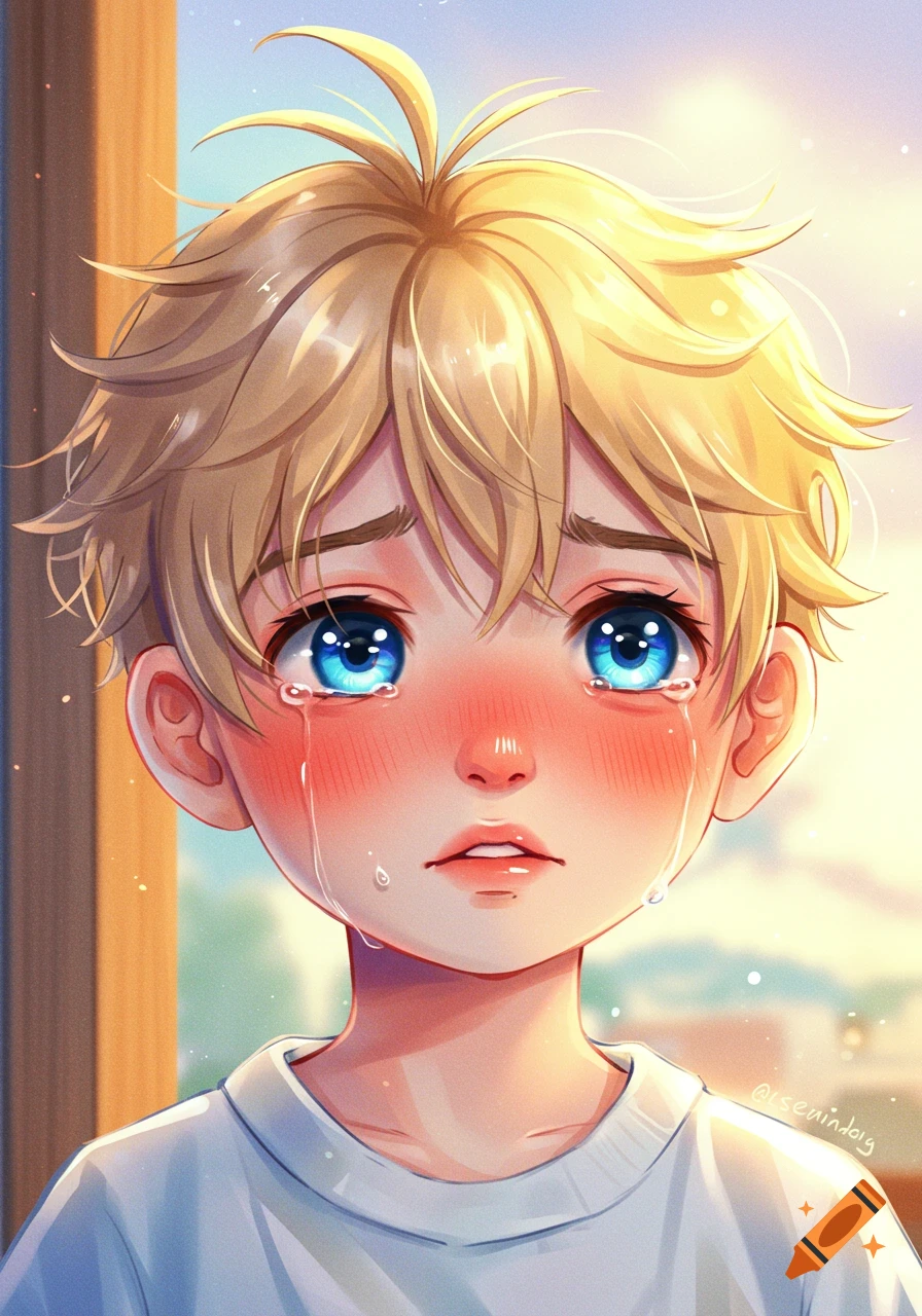 Blonde anime boy with blue eyes crying, with tears and flushed cheeks, in a bright, colorful style.