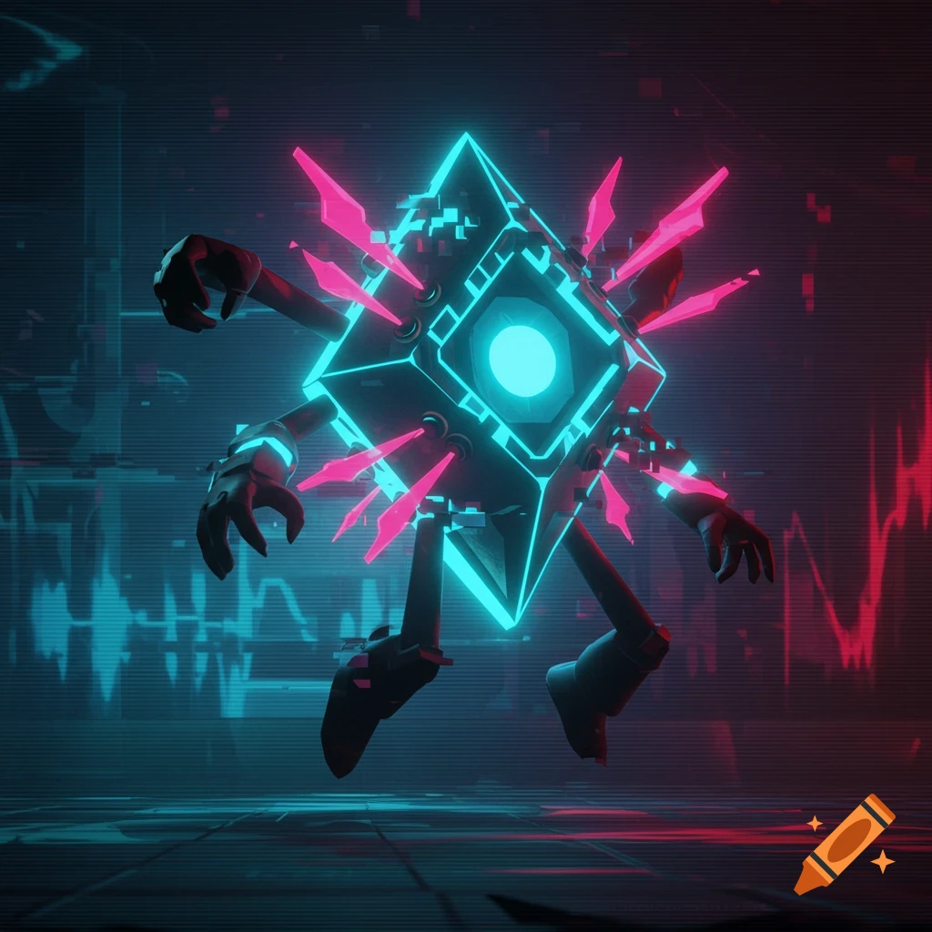 A neon cyan diamond-shaped robot with pink glitching spikes and black limbs stands in a dark, data-filled cyberpunk environment.