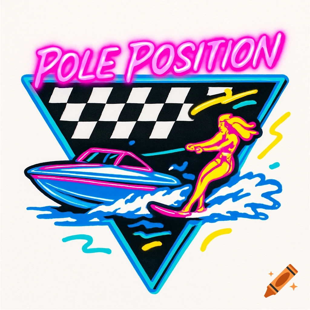 Neon 90s style logo with a speedboat towing a water skier, featuring a checkered flag and 'POLE POSITION' text against a white background.