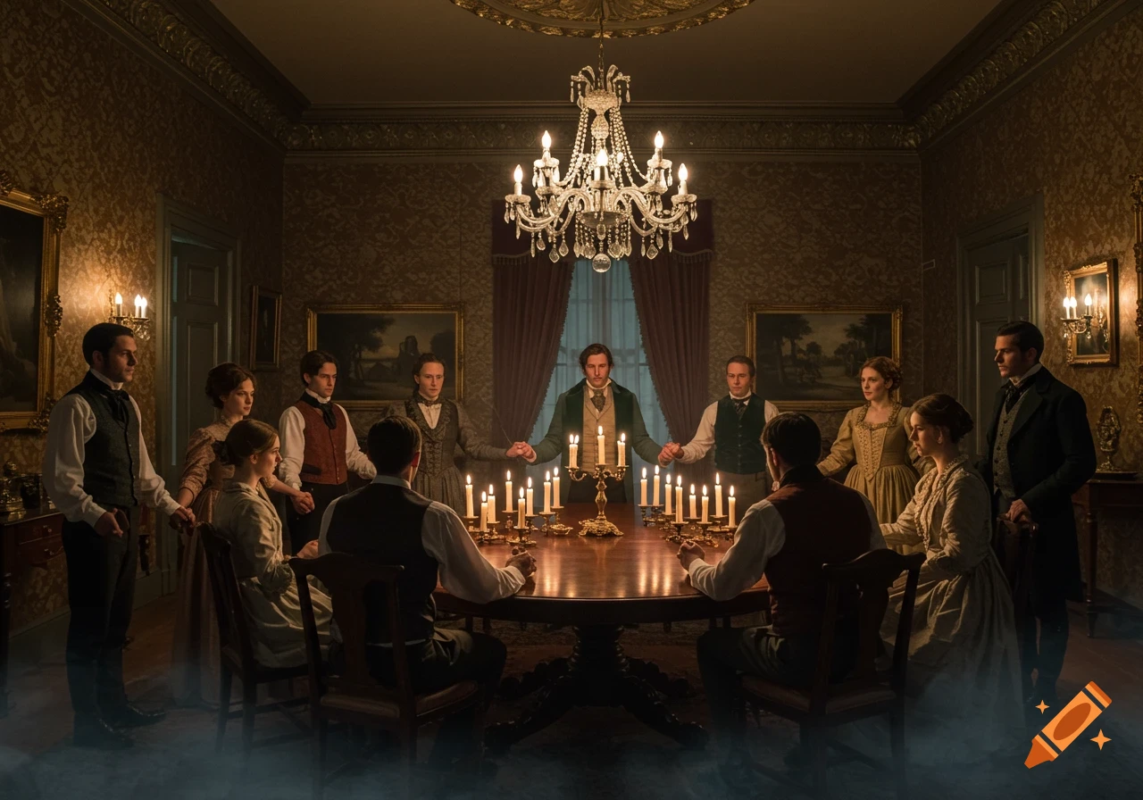 Photorealistic image of a 19th-century s elance with people holding hands around a candle-lit table in an ornate, dimly lit room.