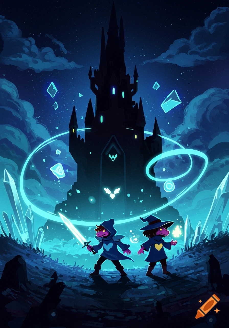 Deltarune characters Kris and Ralsei stand before a dark castle with glowing crystals and magic under a starry night sky, in a stylized fantasy illustration.