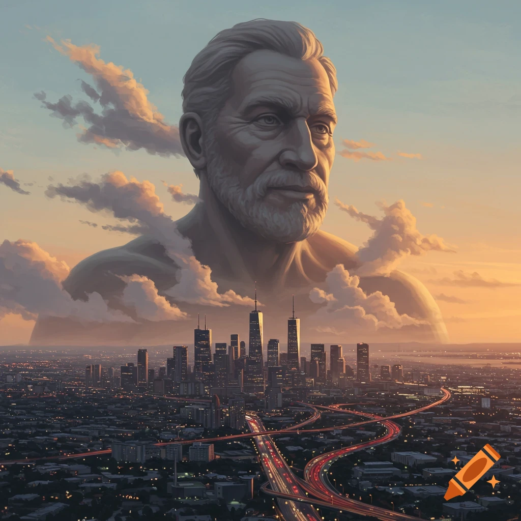 A colossal, grey-haired man emerges from clouds above a city with illuminated highways at sunset.