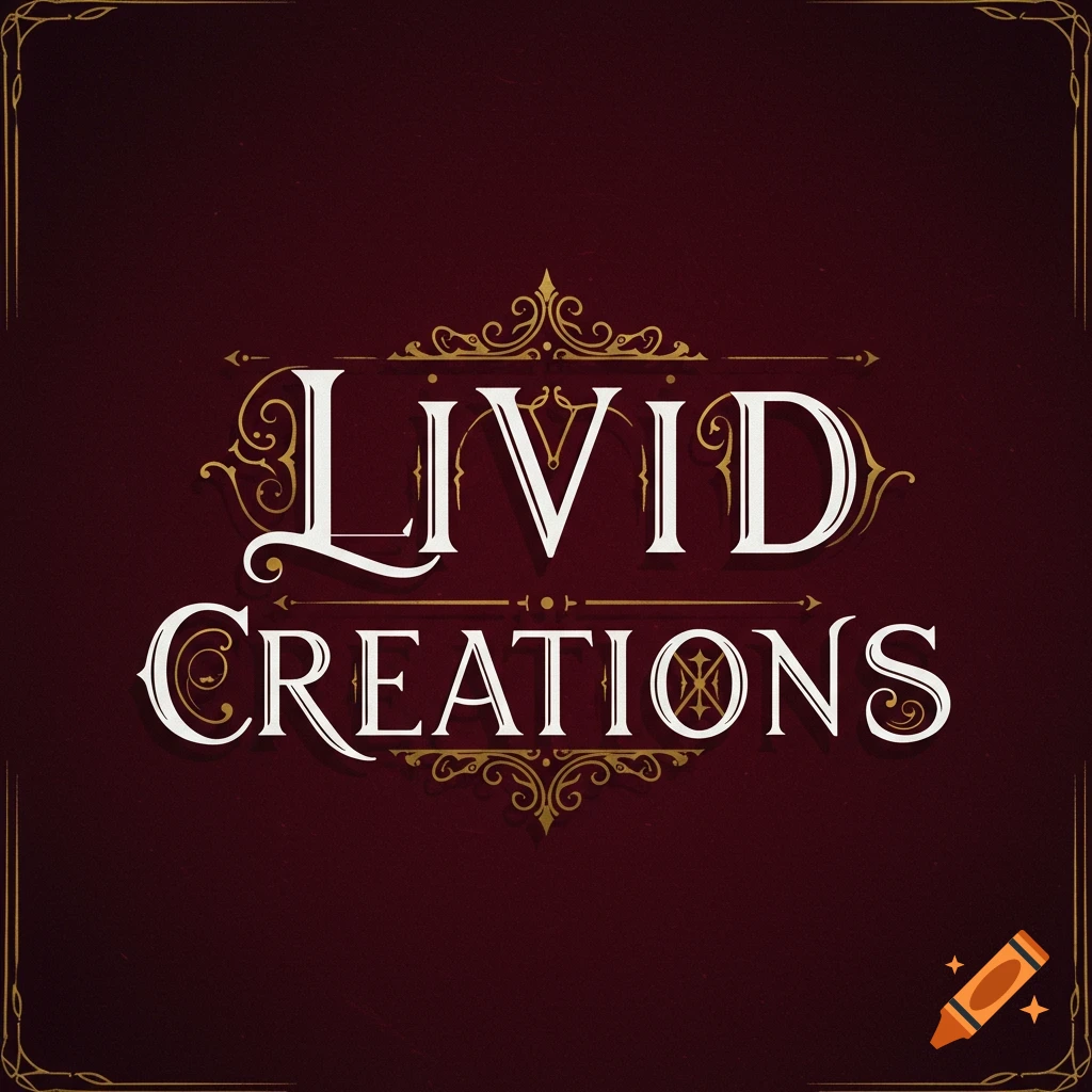 A logo featuring 'LIVID CREATIONS' in bone white gothic serif font with gold filigree accents on a deep crimson background.