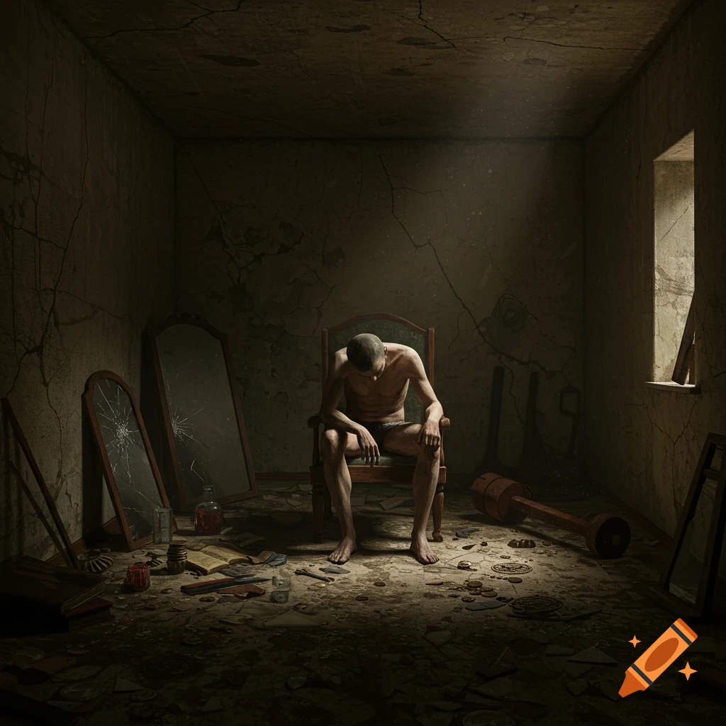 A weary shirtless man sits hunched on a chair in a dim, decaying room surrounded by shattered mirrors and scattered objects.