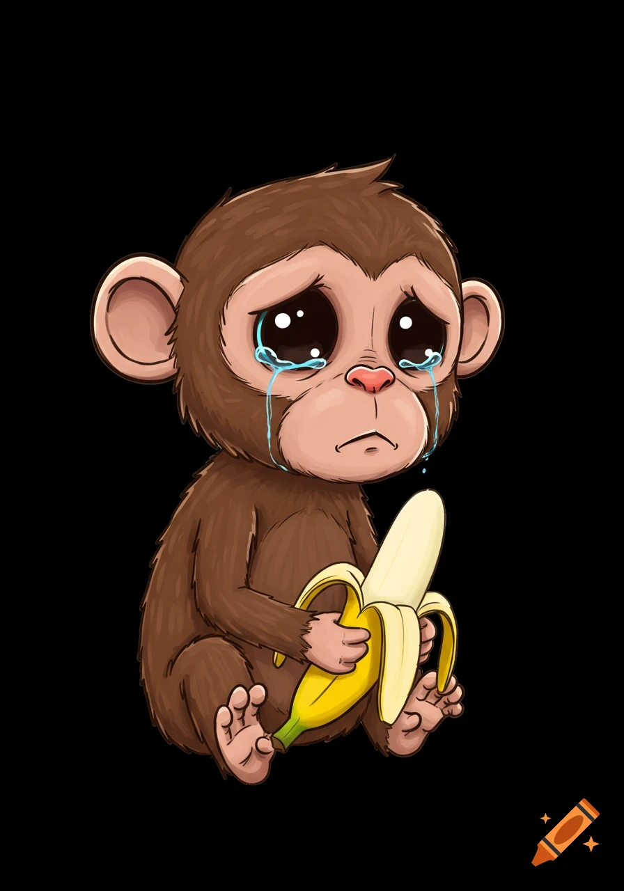A cute cartoon monkey with big eyes sits on a black background, crying and holding a partially peeled banana.