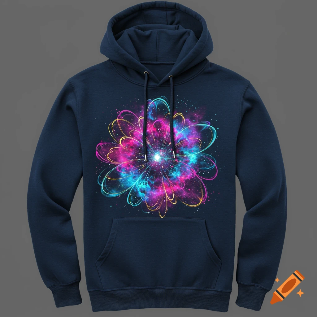 A dark blue hoodie featuring a vibrant, abstract, cosmic flower design in pink, blue, and yellow hues.