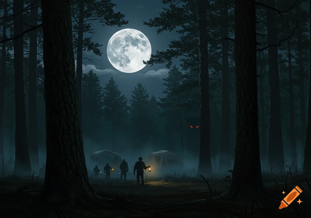 Campers with lanterns walk through a dark pine forest at night under a full moon, red eyes glow from trees.