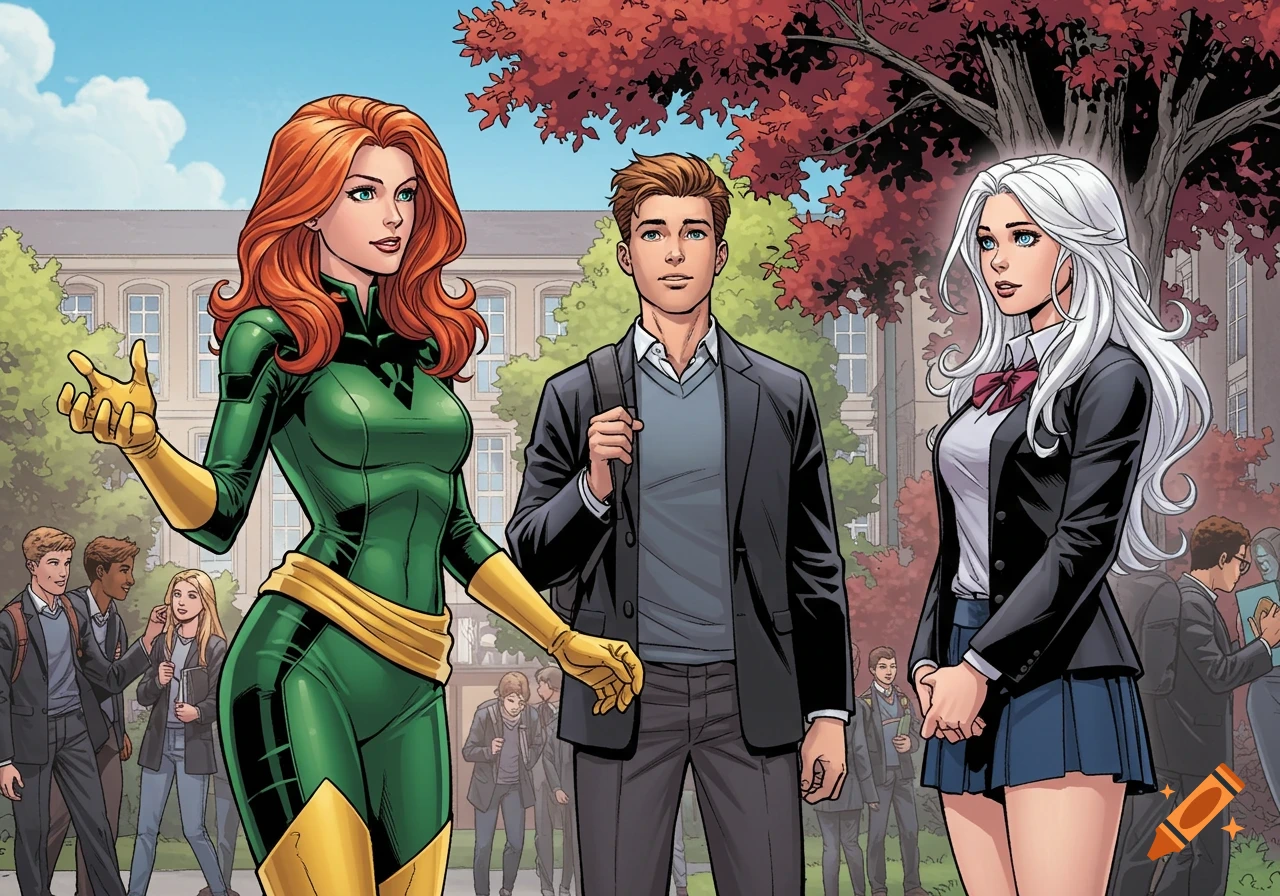 Jean Grey and two students on a college campus in a Marvel comic art style.