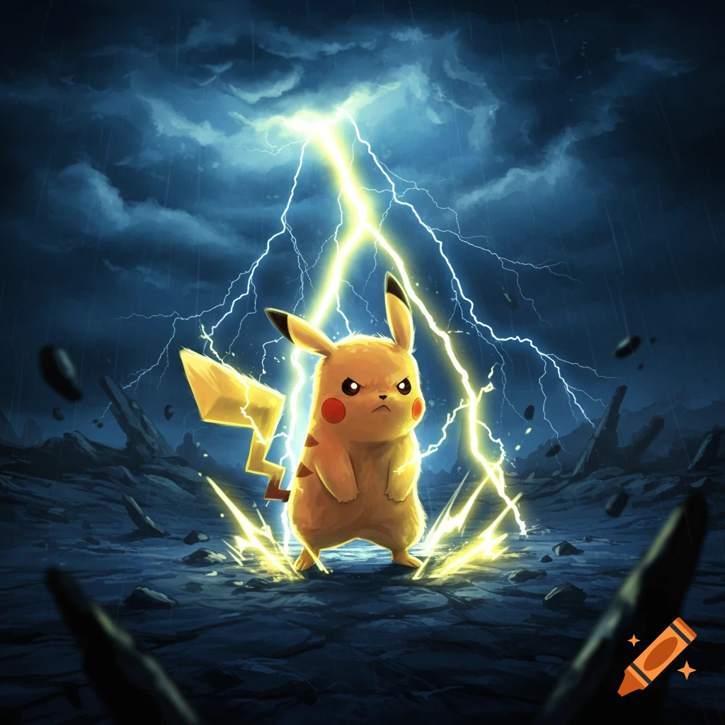 Pikachu stands on a ruined ground, enveloped by bright lightning under a dark, stormy sky.