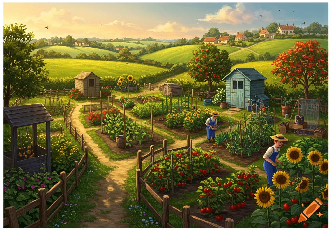 A vibrant illustrated English village garden with gardeners tending to rows of vegetables, sunflowers, and fruit trees.