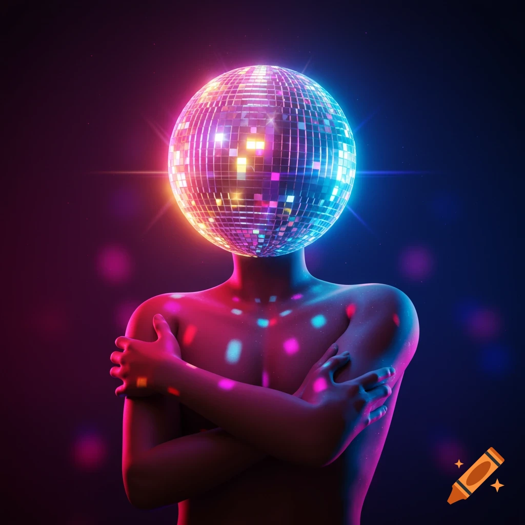A stylized person with brown skin and a disco ball for a head, illuminated by colorful lights, embracing themselves.