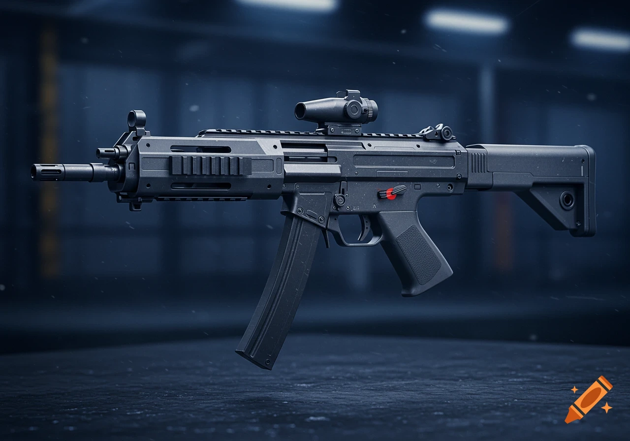 A detailed, photorealistic render of a black submachine gun, featuring a red safety switch and an optical sight, against a blurred dark industrial background.