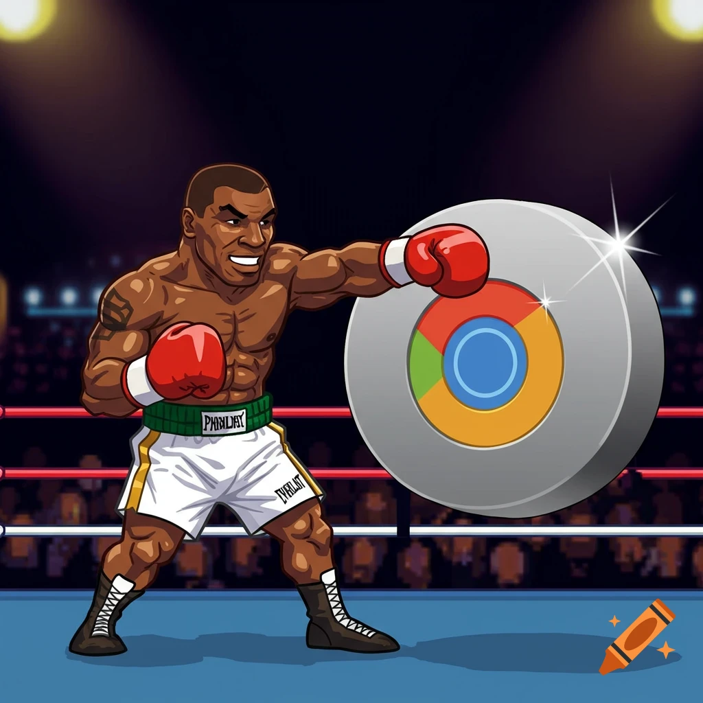 Cartoon Mike Tyson in a boxing ring punching a Google Chrome browser icon.