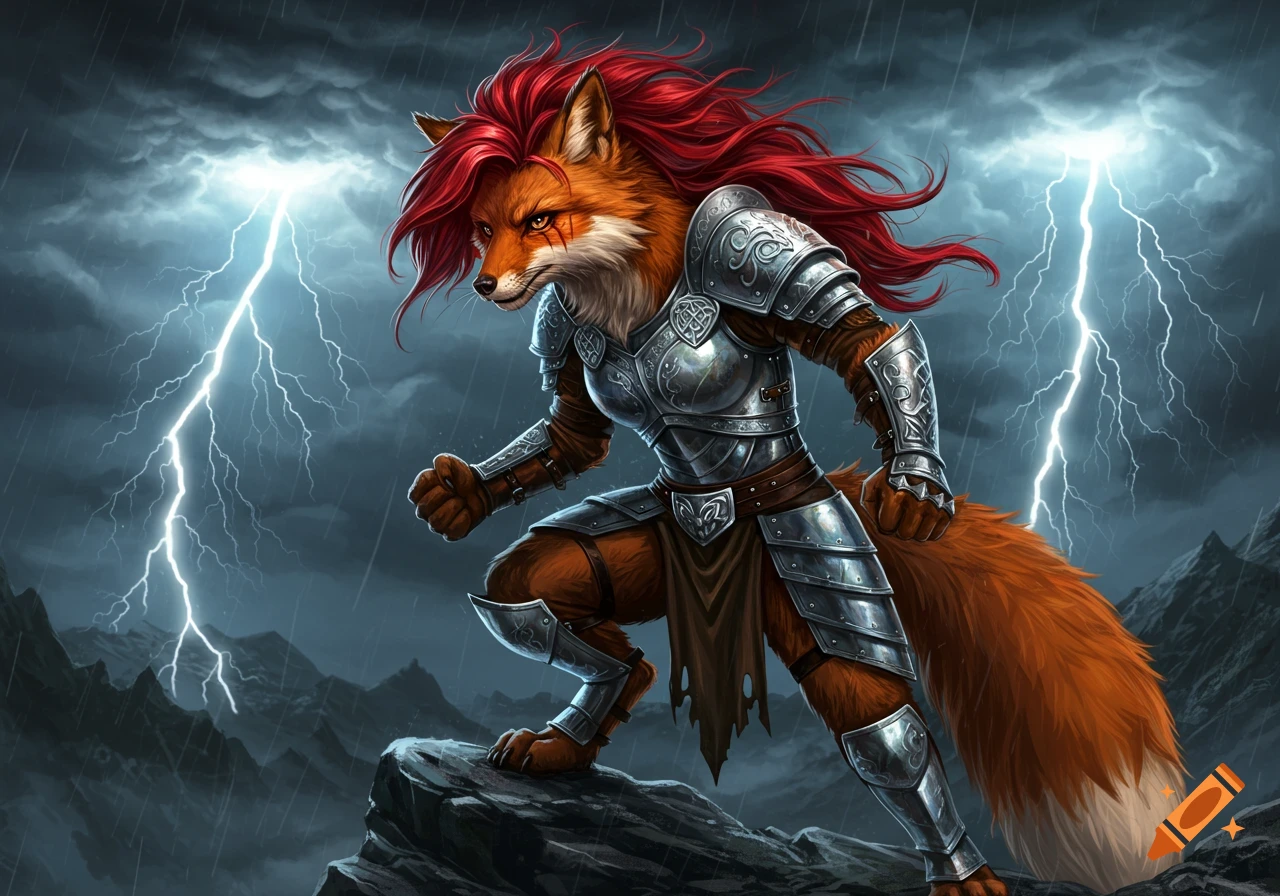 A detailed anthropomorphic fox warrior with red hair and silver armor crouches on a rock amidst stormy mountains with lightning.