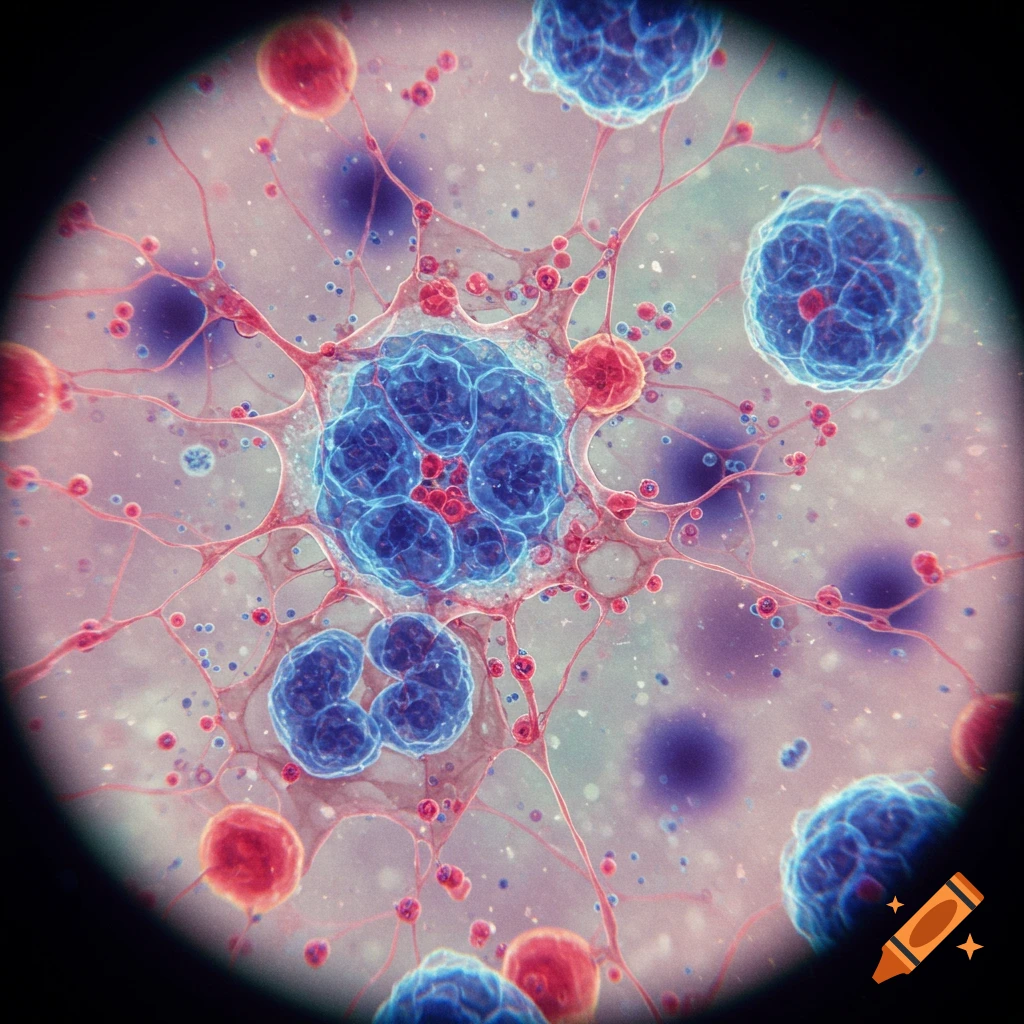 A microscopic view of interconnected blue and red cells with delicate tendrils.
