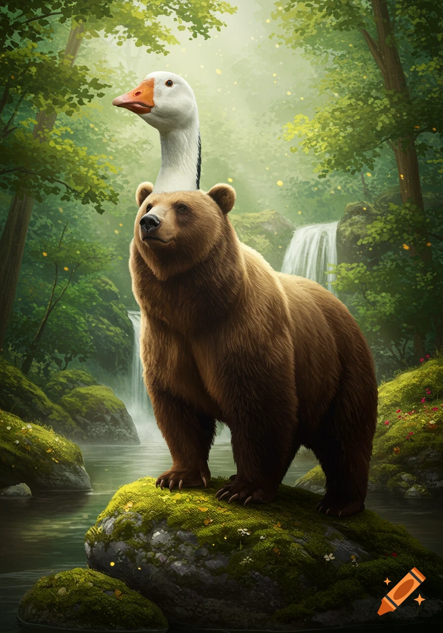 A brown bear with a white goose head stands on a mossy rock in a vibrant, lush forest with a waterfall.