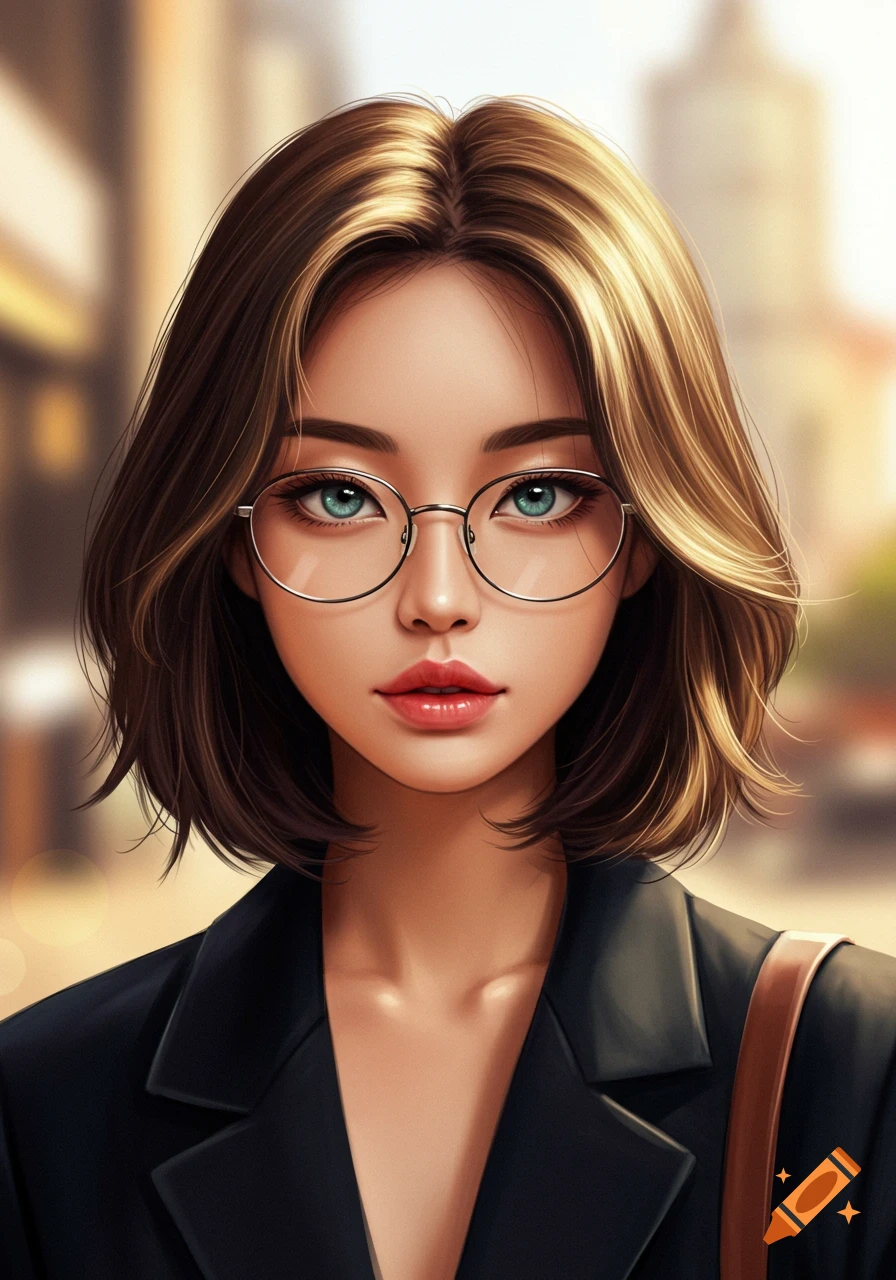 Stylized portrait of a young woman with short brown hair, highlights, round glasses, and blue-green eyes, wearing a dark blazer.