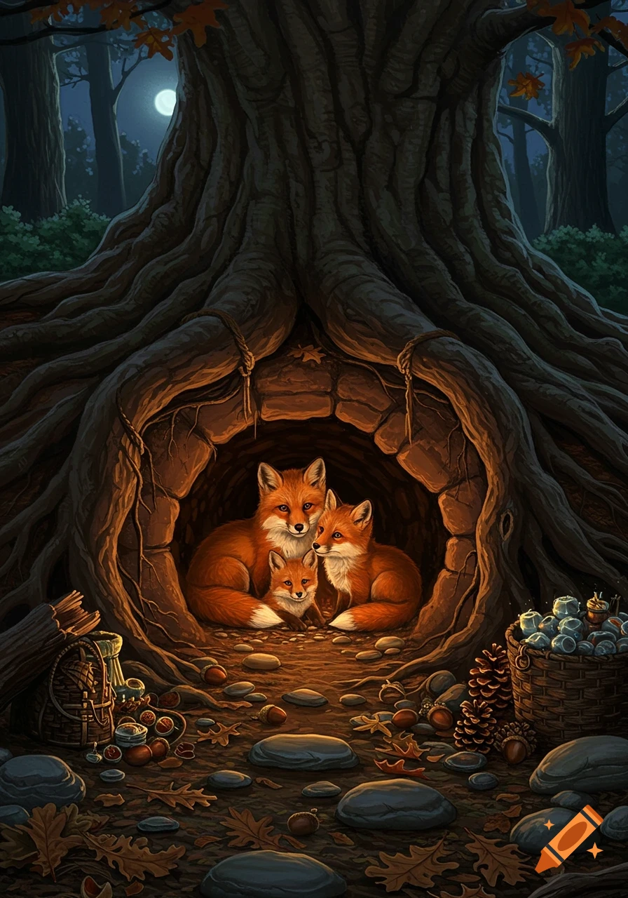 An illustration of a family of red foxes, two adults and a cub, cozy in a tree den at night with a full moon visible.