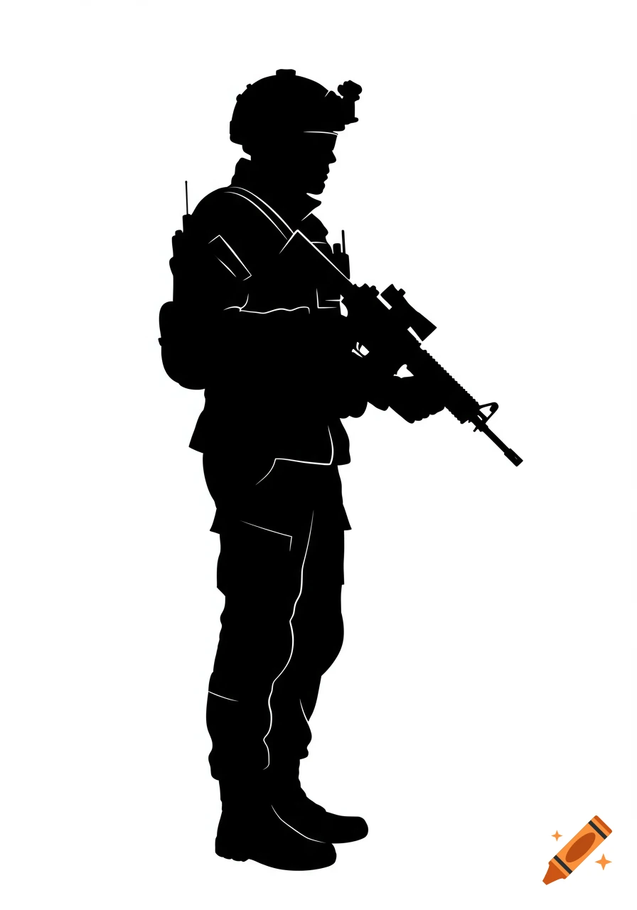 A black silhouette of a modern soldier in profile, holding a rifle, on a white background.