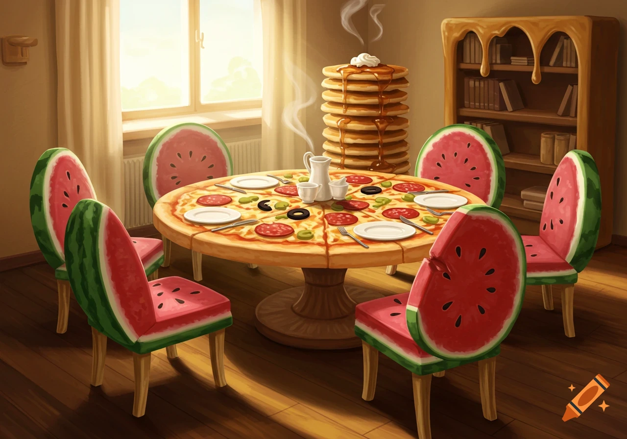A whimsical indoor scene with a round pizza table, six chairs resembling watermelon slices, and a tall stack of pancakes with syrup and cream.
