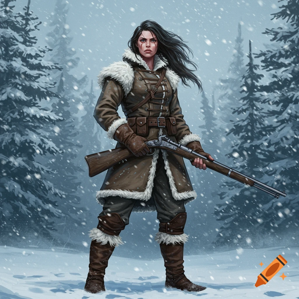 Illustrated image of a woman in winter gear holding an old-style rifle in a snowy forest.