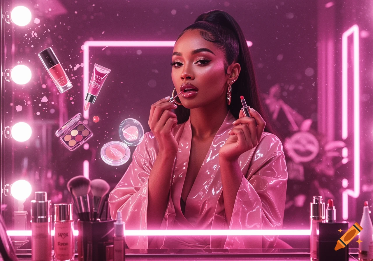 A woman in a pink robe applies lip gloss, surrounded by glowing neon lights and floating makeup products in a futuristic vanity setting.