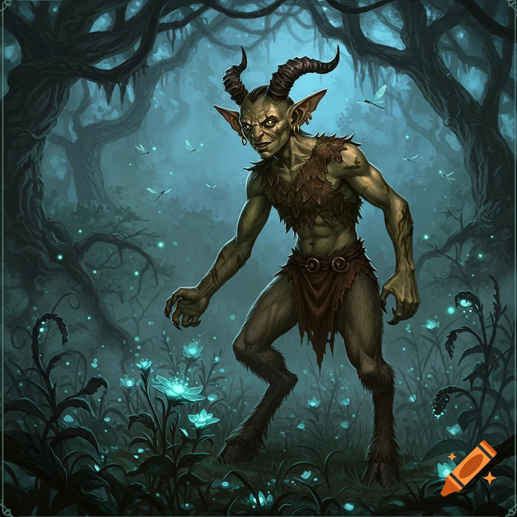 A sinister horned goblin-faun creature stands in a dark, mystical forest with glowing blue flowers.