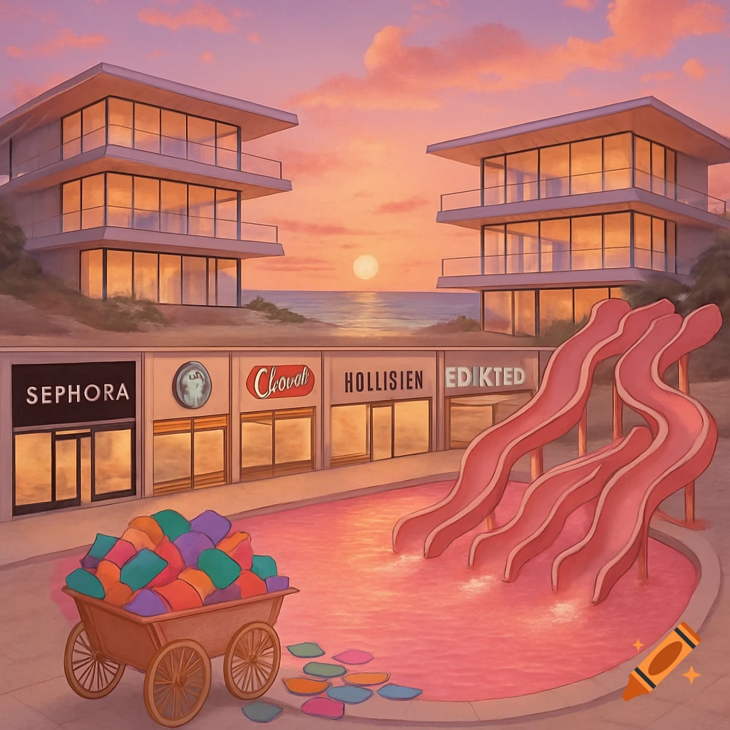 Surreal scene with two modern mansions and stores by a beach at sunset, featuring a pink pool with slides and a cart of colorful pillows.