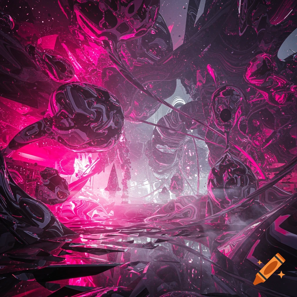 An abstract, chaotic scene featuring gleaming dark purple and vibrant pink organic and crystalline structures, bathed in a magenta glow.
