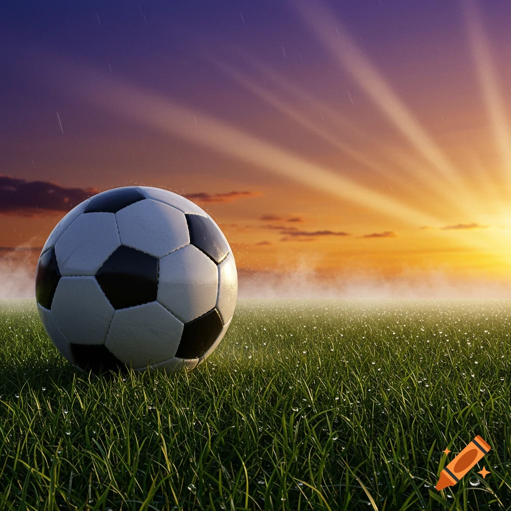A soccer ball rests on dewy green grass with a vibrant orange and purple sunset in the background.