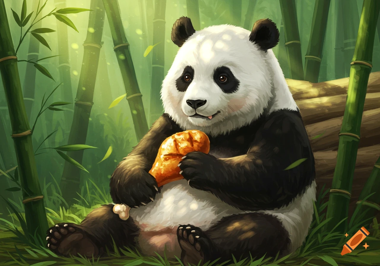 A cute black and white panda sits in a lush green bamboo forest, happily eating a fried chicken drumstick. The image has an illustrative style.