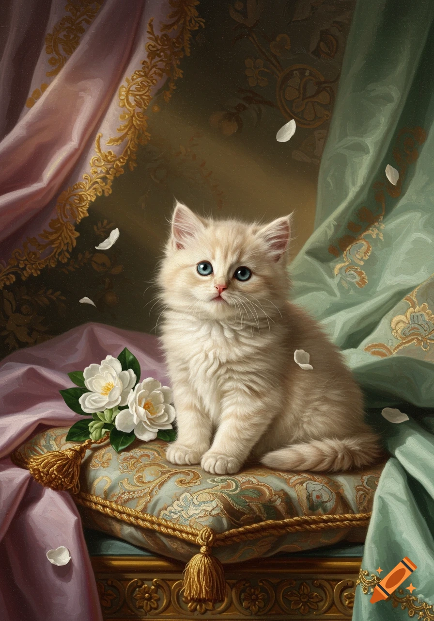 A fluffy cream-colored kitten with blue eyes sits on an ornate teal and gold pillow, surrounded by pink and teal drapery and white flowers, in a rococo painting style.