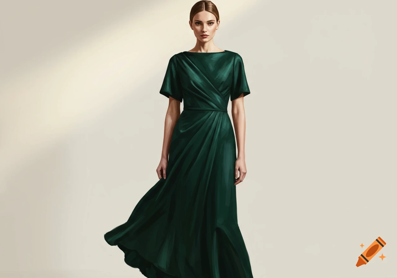 A photorealistic image of a woman wearing a dark green, short-sleeved, formal floor-length dress.