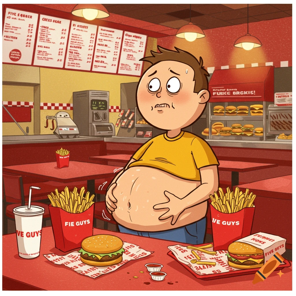 Cartoon of a man with a bloated stomach in a fast-food restaurant surrounded by burgers and fries.