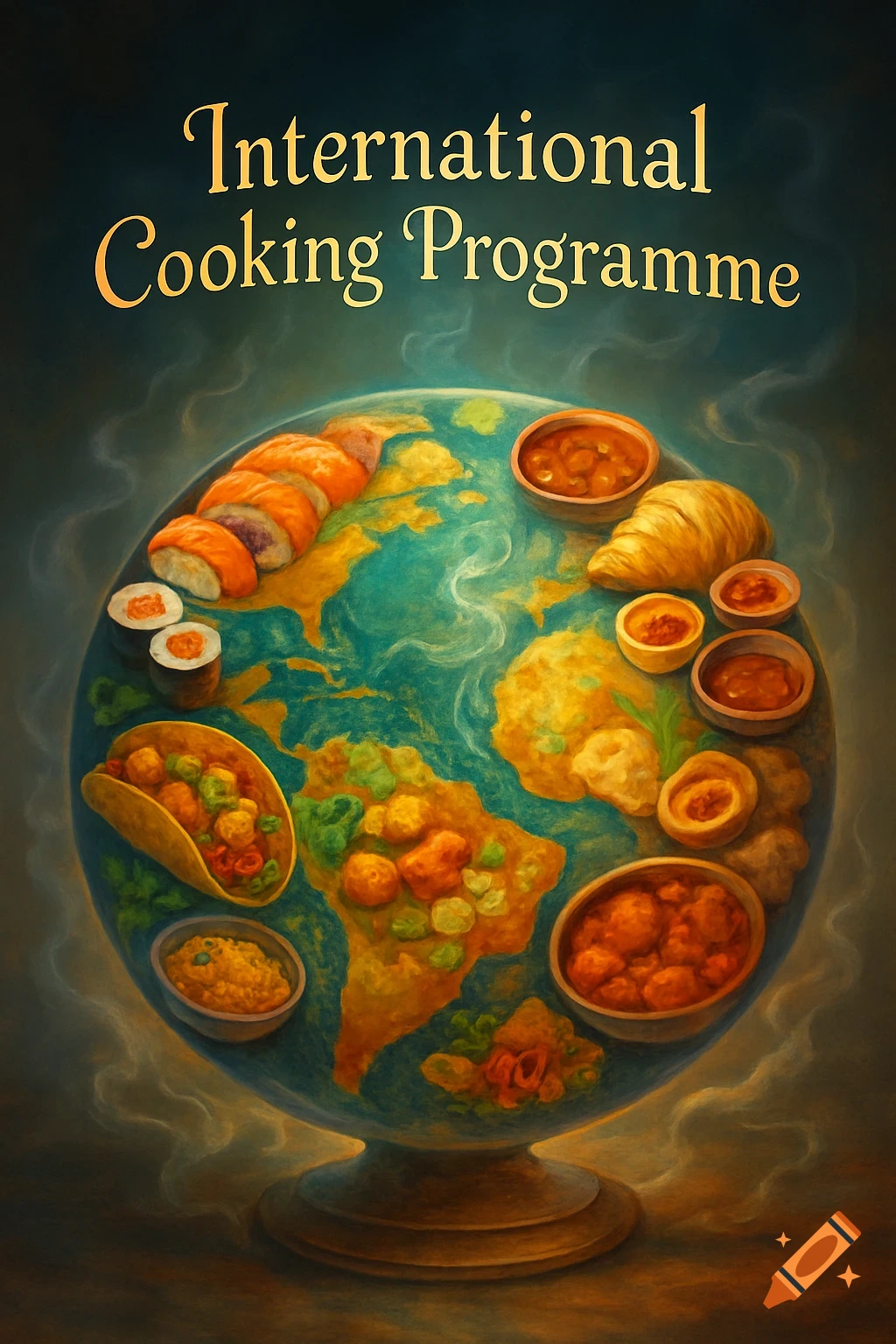 Stylized globe covered with international food, including sushi, tacos, and curry, with 'International Cooking Programme' text.