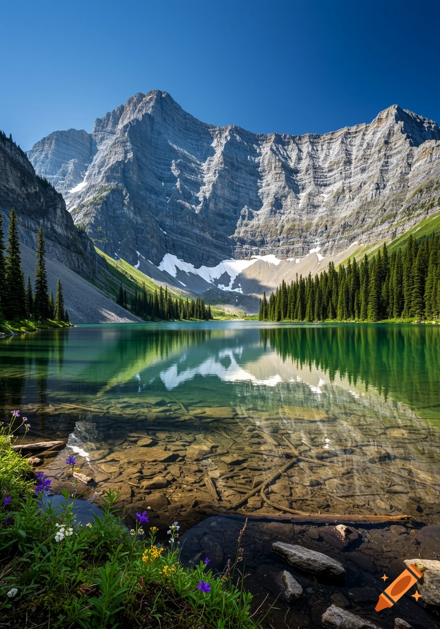 A clear turquoise mountain lake reflecting steep, rocky mountains under a bright blue sky, surrounded by dense pine forests.