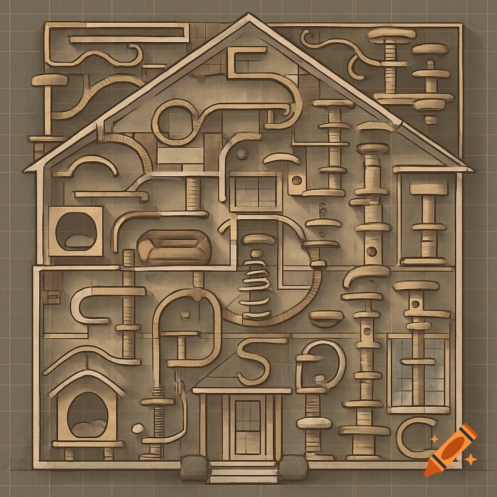 Top-down architectural diagram of a house interior filled with an elaborate system of cat trees, scratching posts, and beds.